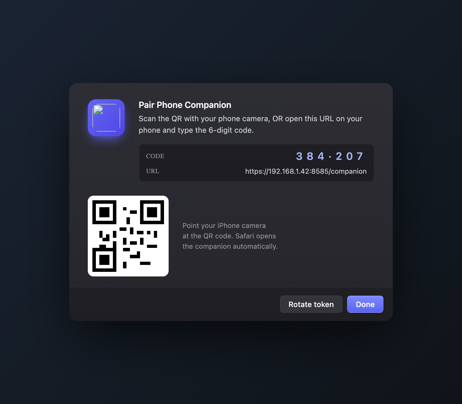 Pairing dialog with QR code and 6-digit fallback code
