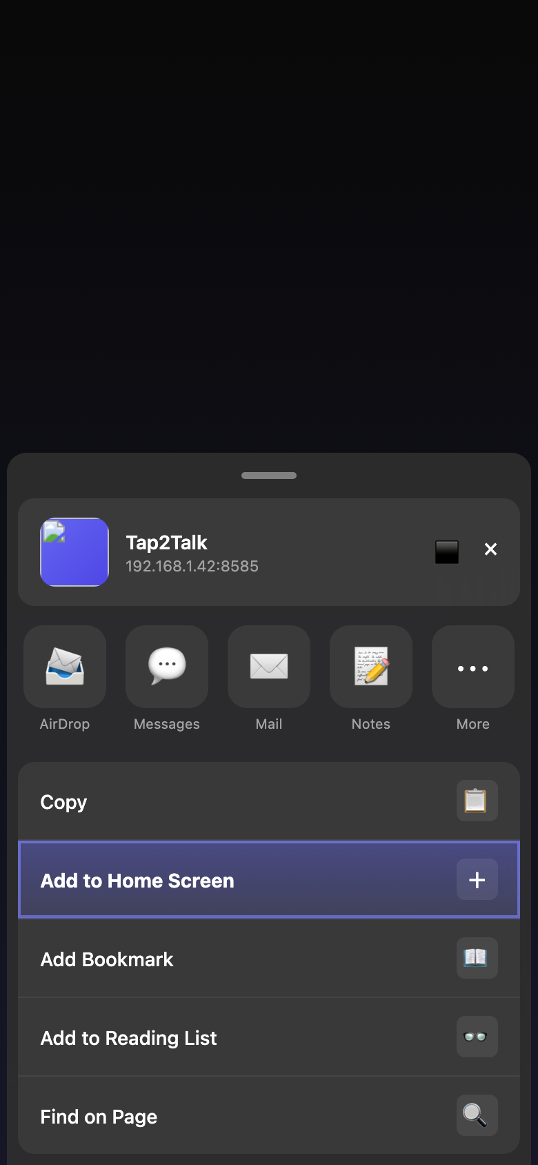 iOS Add to Home Screen sheet