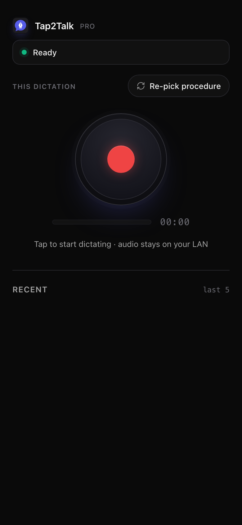 Tap2Talk Companion main screen with the record button